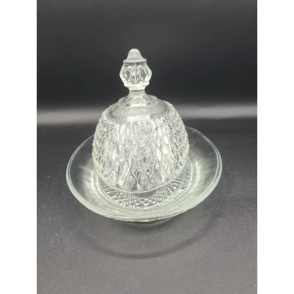 Vintage Indiana Glass‎ Diamond Point Oval Covered Butter Dish Clear Domed Lid